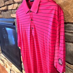 Jack Nicholas performance Red with black stripe Men's‎ golf Polo Shirt.